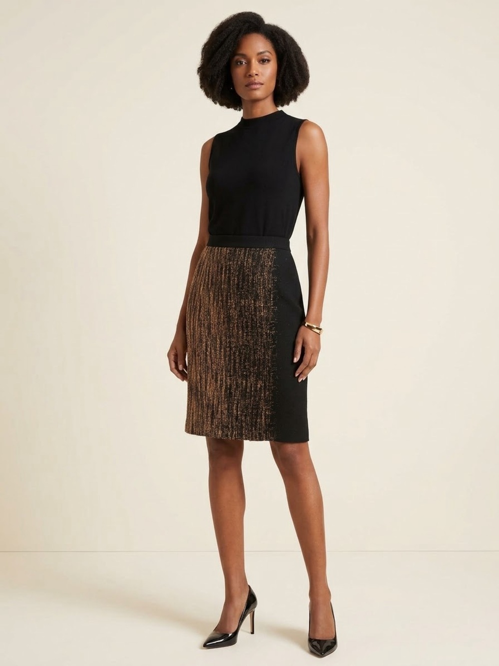Lafayette 148 New York Black Pencil Skirt with Gold Textured Front Panel